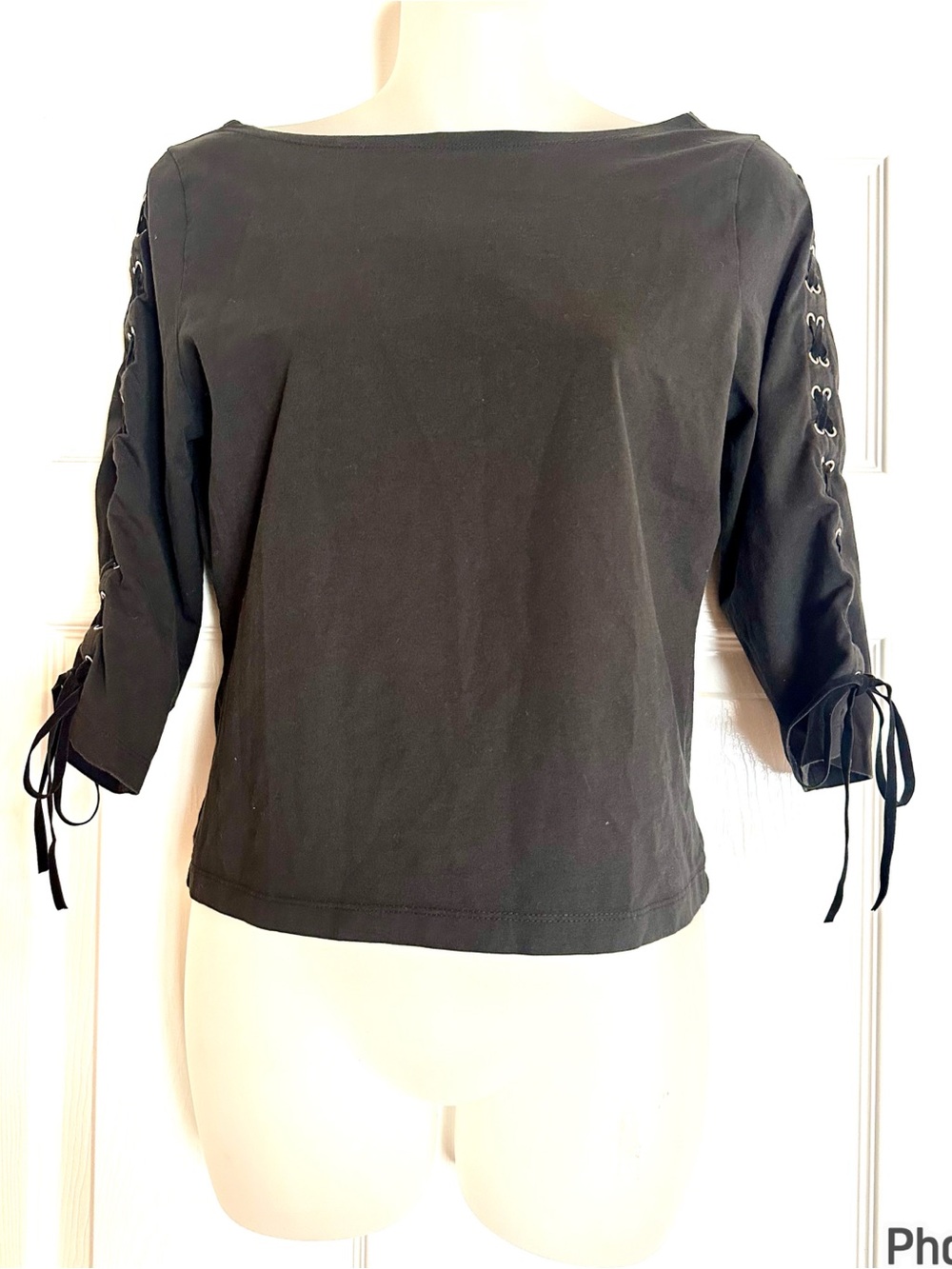 The Limited Black Lace-Up Grommet Sleeve Boatneck Top